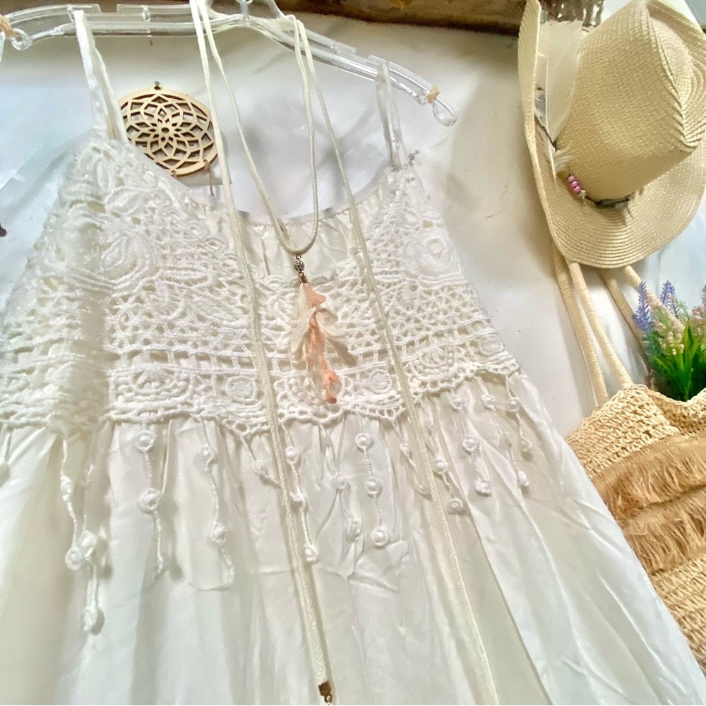 SOLD ⭐️Prairie vibe crochet boho dress w intricate fringe & shabby chic vibe - Picture 1 of 7